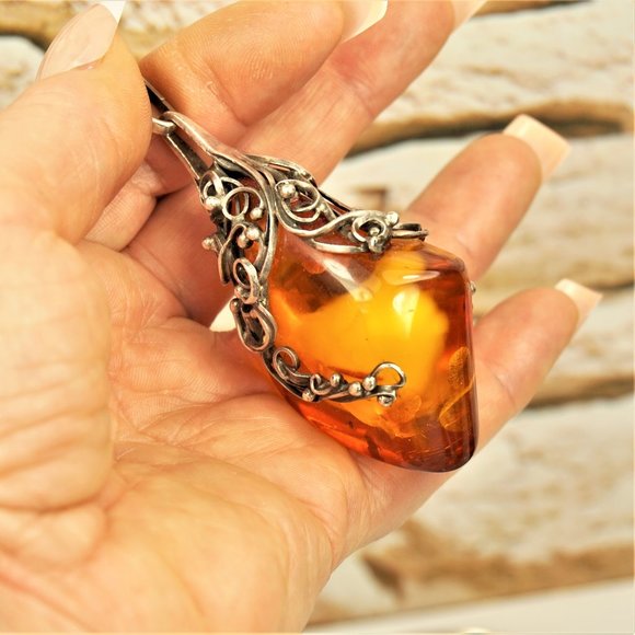 HUGE AMBER STERLING PENDANT WITH MEXICO SILVER WIRE, RARE GIFT FOR WOMEN - Picture 9 of 13